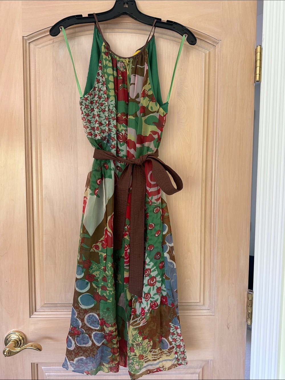Catherine Malandrino Green Floral Patchwork Midi Dress with Brown Belt